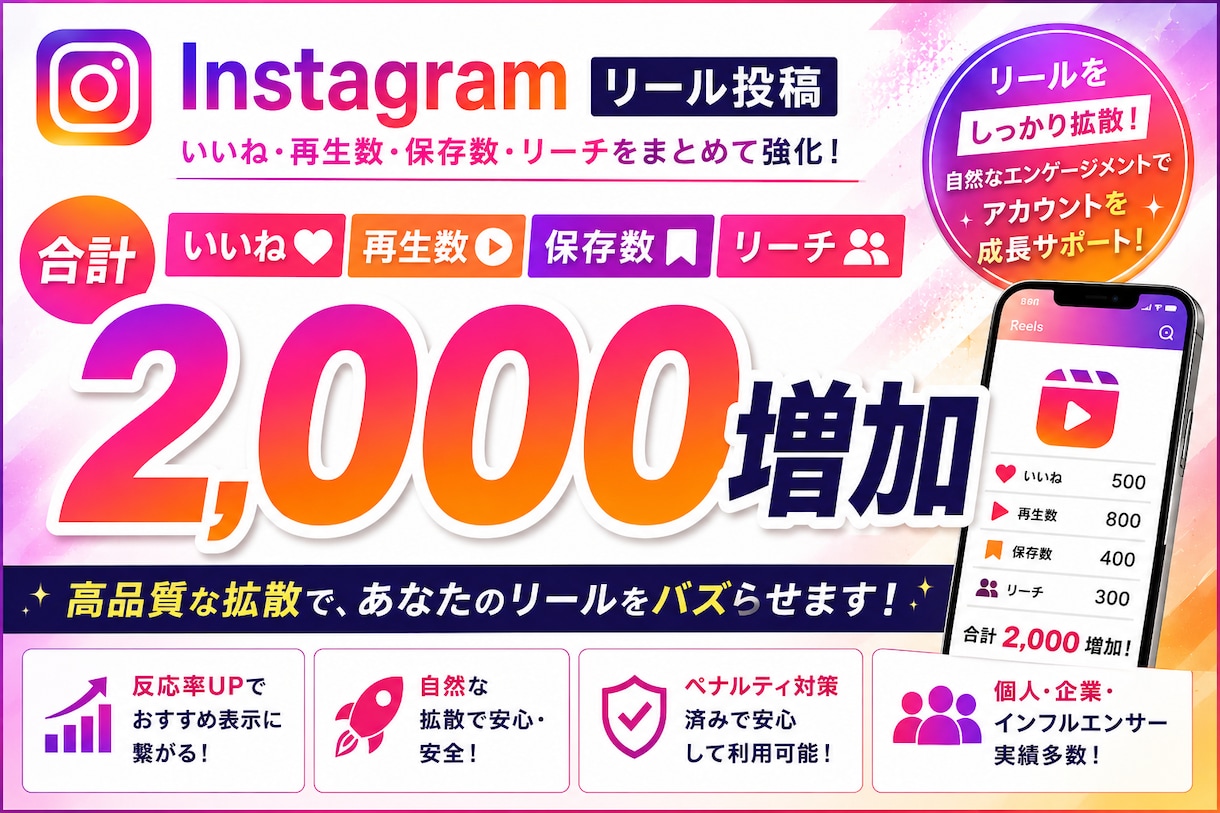 Instagramリポスト｜いいね｜保存数増します インスタリール投稿｜いいね・再生数・保存数・リーチ激熱増加 イメージ1