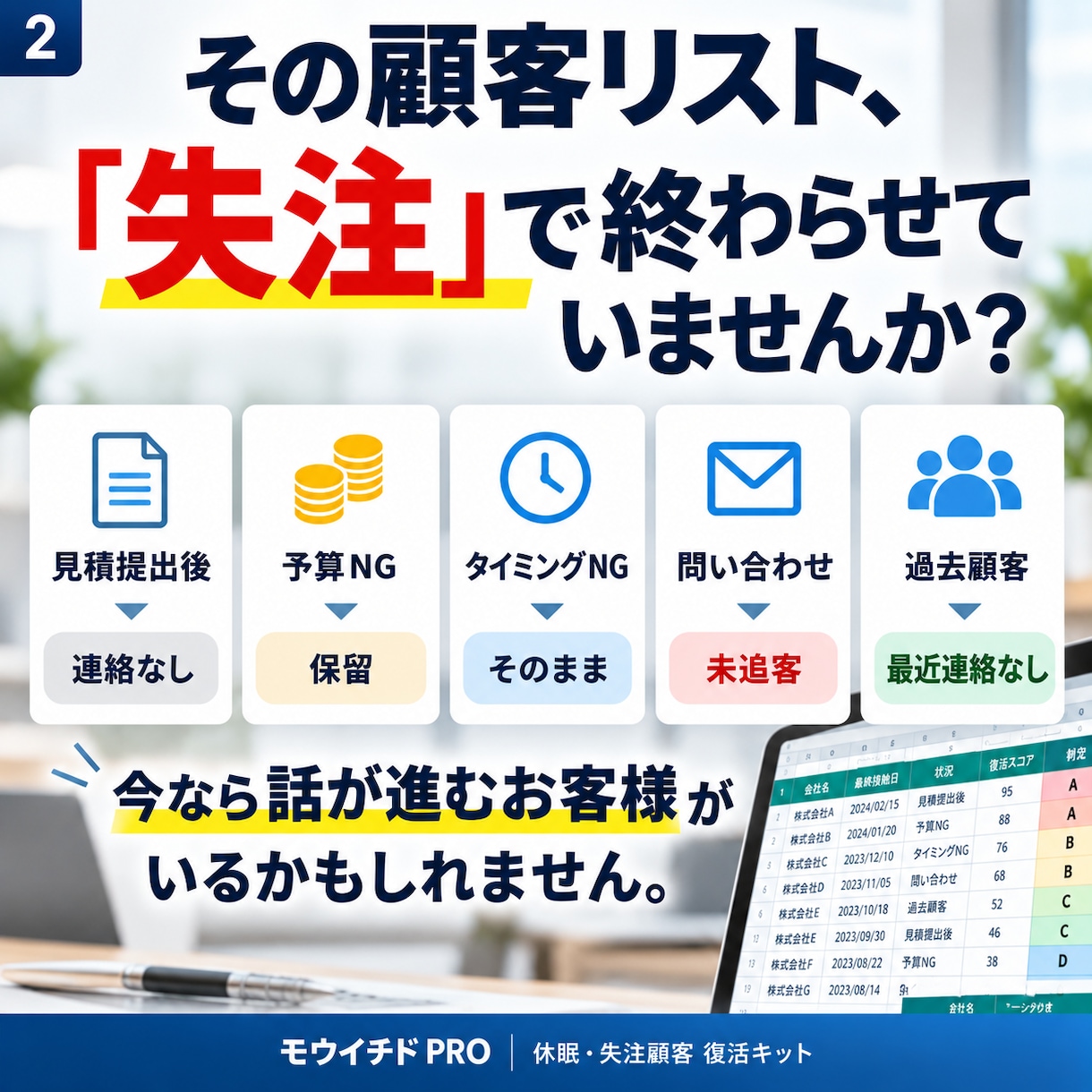失注顧客・休眠顧客を売上に変えるツールを提供します 追客文150種＋優先順位判定＋90日フォローをこれ1つに イメージ2