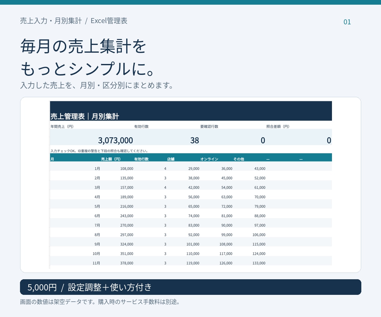 売上入力と月別集計のExcel管理表を作ります 入力1,000行・区分5つまで。使い方付きで納品 イメージ1
