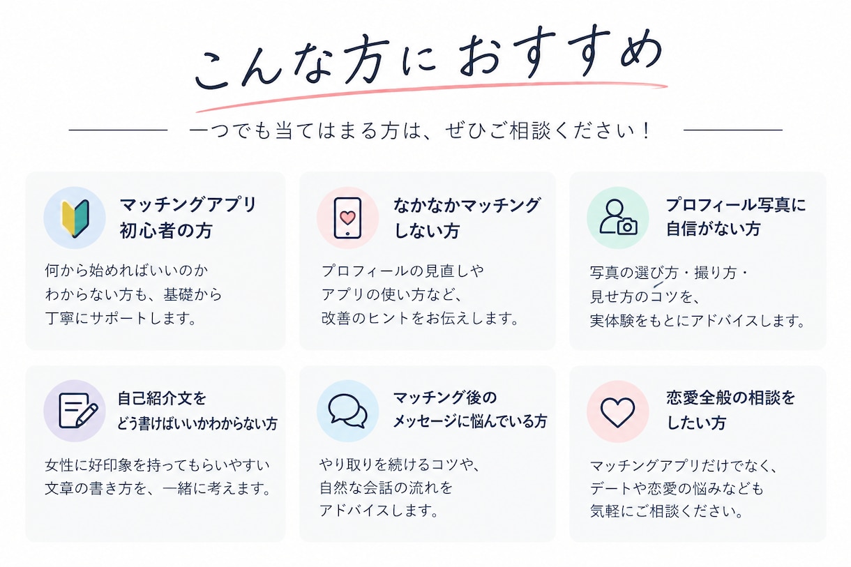 マッチングアプリのお悩み・恋愛相談に乗ります 男性プロフィール撮影約100件！初心者の悩みも気軽に相談OK イメージ2