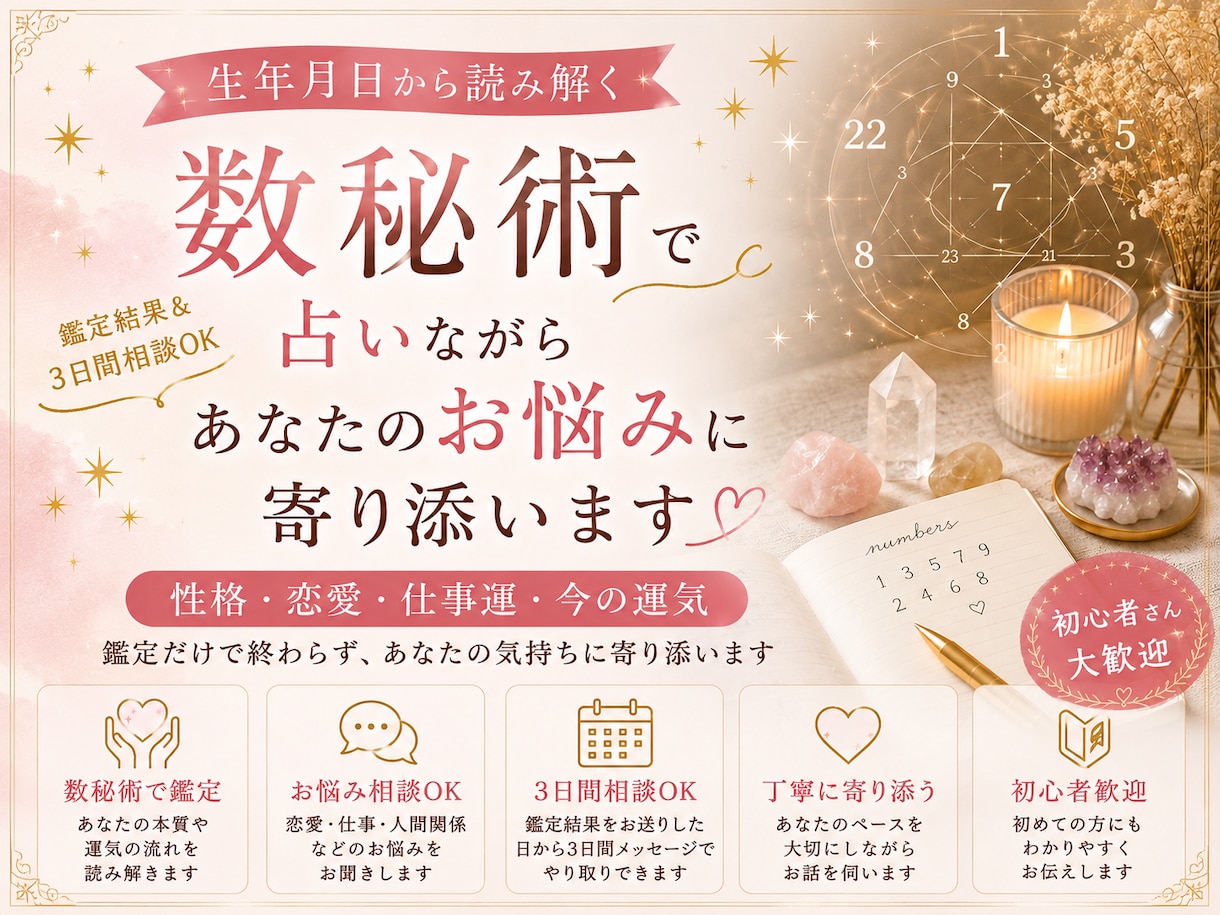 数秘術で占いながらあなたのお悩みに寄り添います 鑑定だけで終わらず、今のお悩みやモヤモヤもお聞きします イメージ1