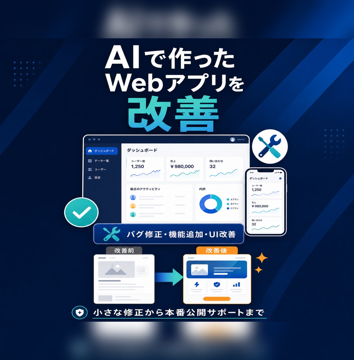 AIで作ったWebアプリを改善・機能追加します AIで作成した試作品を、次の段階へ進めます。 イメージ1