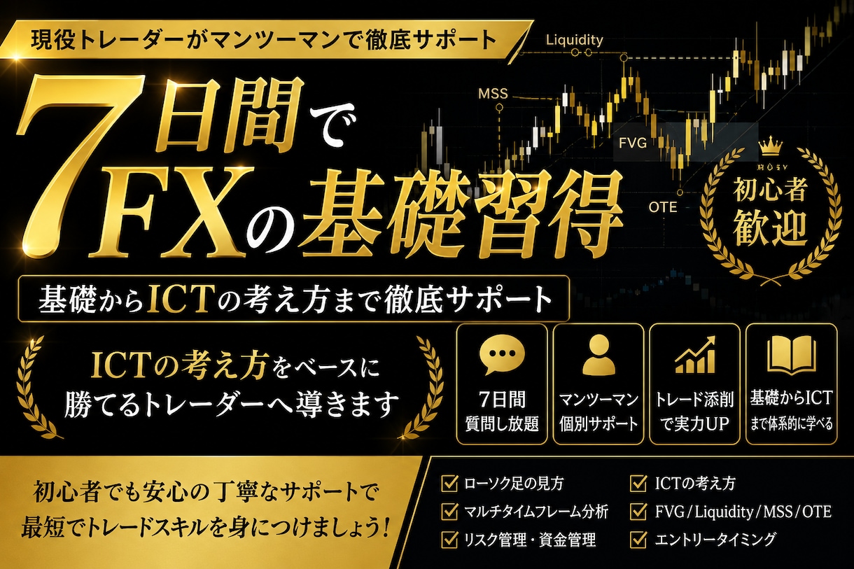 1週間でFXの基礎から私の手法まで教えちゃいます 現役トレーダーが1週間マンツーマンでFXを教えます！！ イメージ1