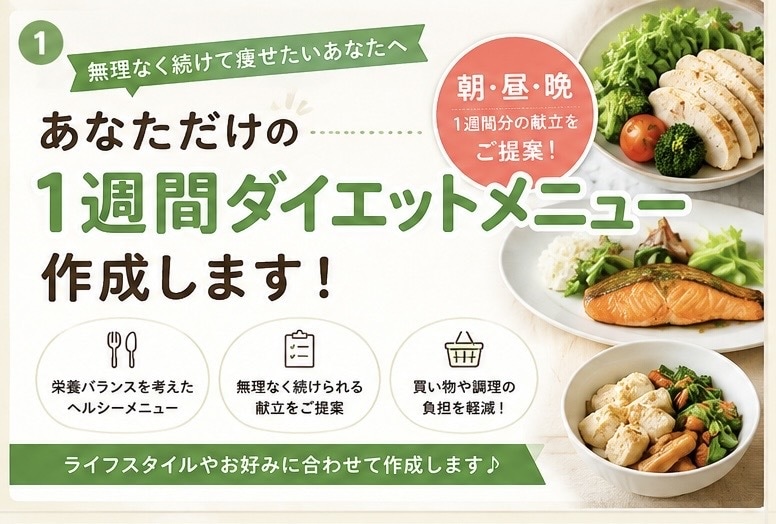 あなた専用のダイエット献立作ります 【1週間分】無理なく続けるダイエットメニューを作成します！ イメージ1