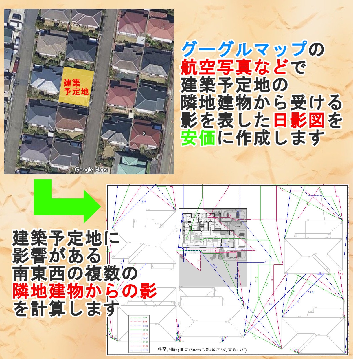 グーグルマップで隣地建物からの日影を計算作図します 安価に敷地の日当たり具合が季節ごとにわかり間取り検討が可能！ イメージ1