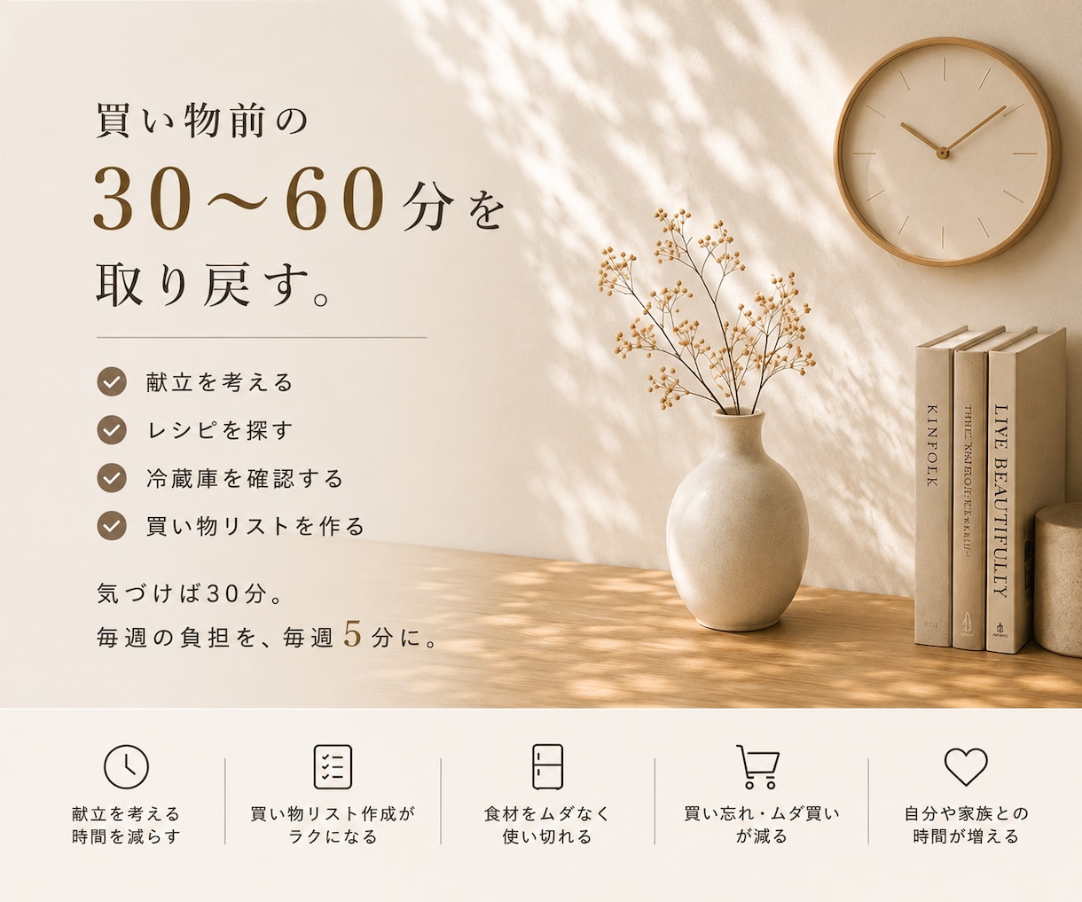 まとめ買い向けの献立と買い物リストを作ります 登録したレシピから、毎週5分で献立と買い物リストを作成 イメージ2