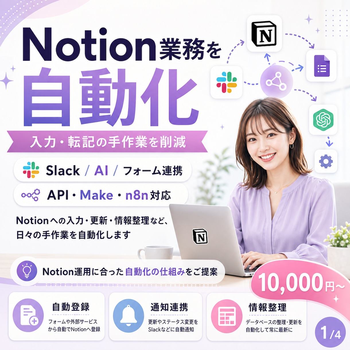 Notionの入力・管理業務を自動化します Slack・フォーム・AIなどと連携して手作業を減らします イメージ1