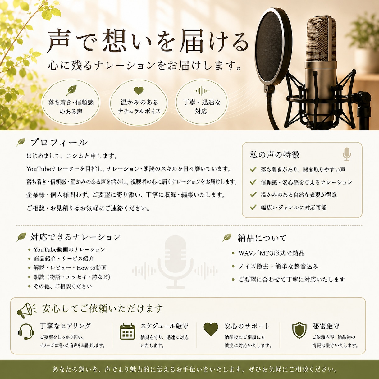 心に残るナレーションをお届けします 声で想いを届け、落ち着き、信頼感、温かみのある声を目指します イメージ1