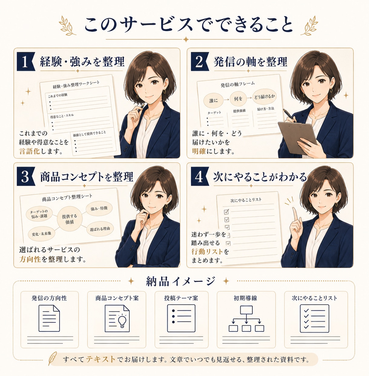 発信と商品づくりが止まった方の初期設計をします 強み・経験・届けたい相手を整理し、発信の軸と商品案をご提案 イメージ3