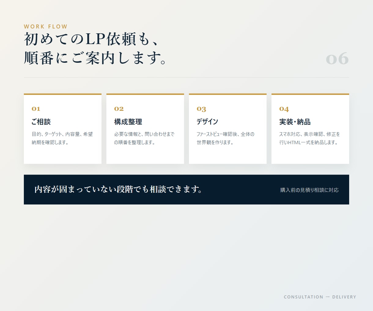 高品質なLP制作を構成から実装まで承ります 構成・コピー整理・デザイン・HTML実装まで一貫対応 イメージ6