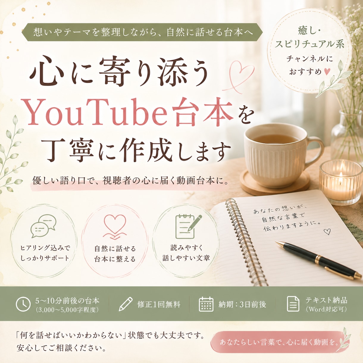 癒し系YouTube台本を丁寧に作成します 想いやテーマを整理しながら、自然に話せる動画台本へ整えます。 イメージ1