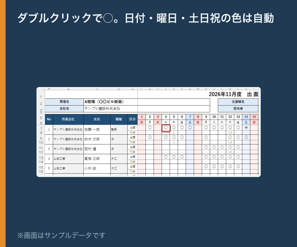 建設業向けの出面表・交通費集計を作ります 現場別に人工と交通費を自動集計。ダブルクリックで○ イメージ2