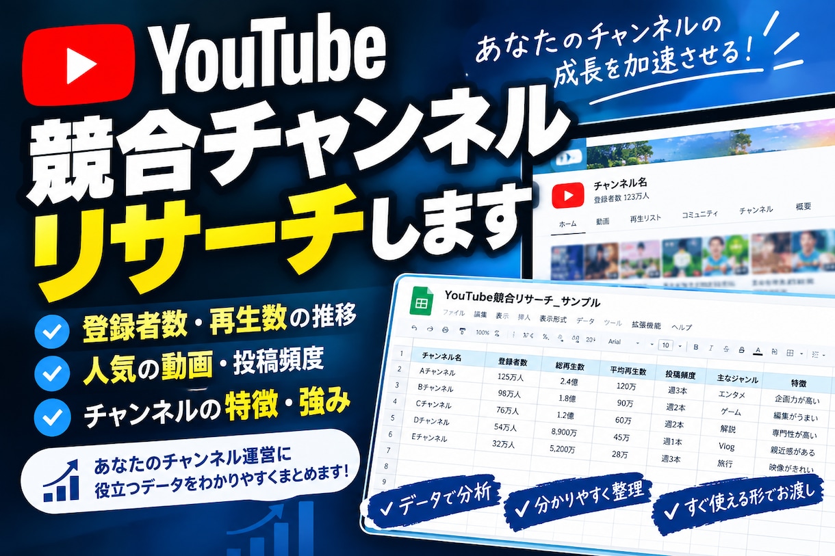 YouTubeチャンネル調査し整理して納品します 登録者や再生数などを整理して納品します イメージ1