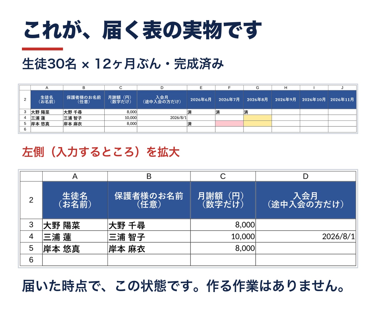 スプレッドシートで習い事教室の月謝管理表を渡します 開いたその日から使えます。未納が自動で色分け。催促文6通つき イメージ2