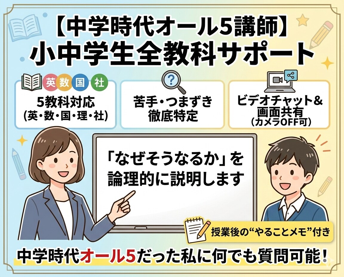 小、中学生に勉強を教えます 中学時代オール5だった私に何でも質問可能！ イメージ1