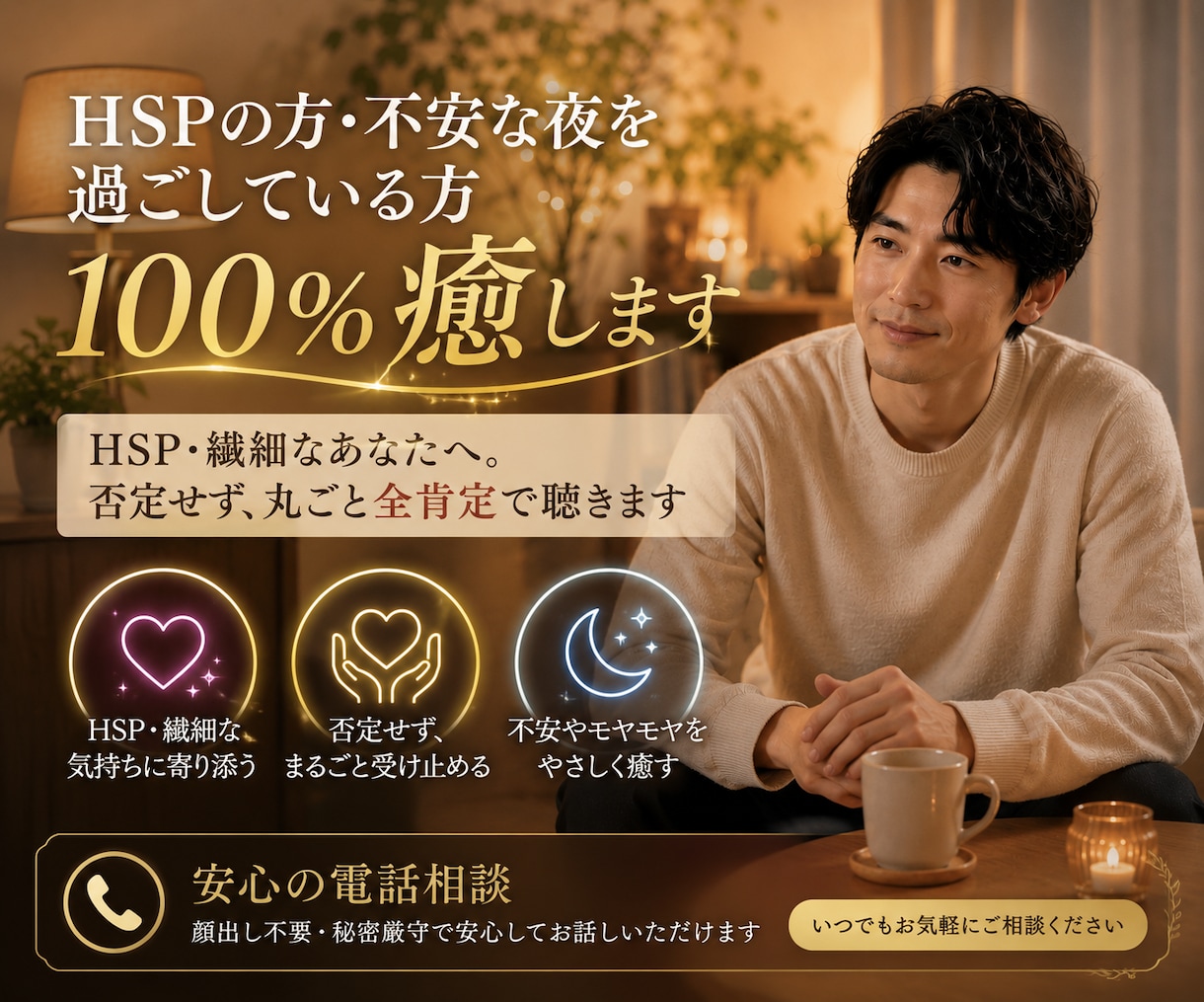 HSPの方不安な夜を過ごしている方100％癒します 「HSP・繊細なあなたへ。否定せず、丸ごと全肯定で聴きます」 イメージ1