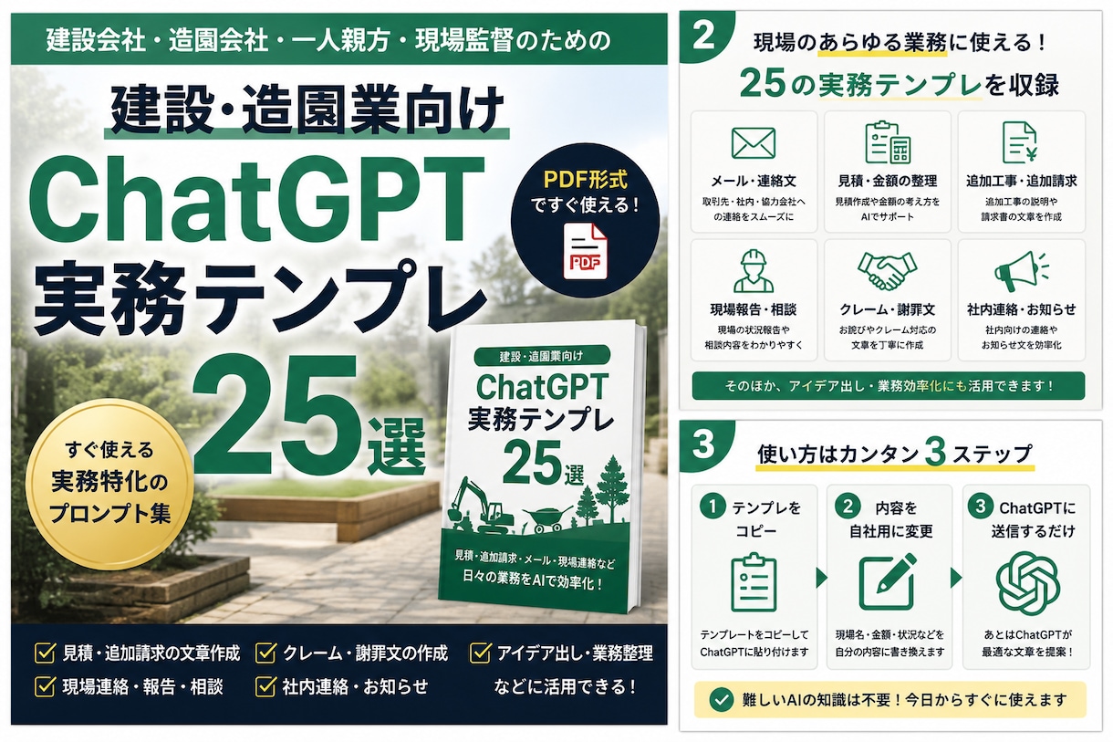建設業向けChatGPT実務テンプレを提供します 見積・現場連絡・請求業務をAIで効率化 イメージ1