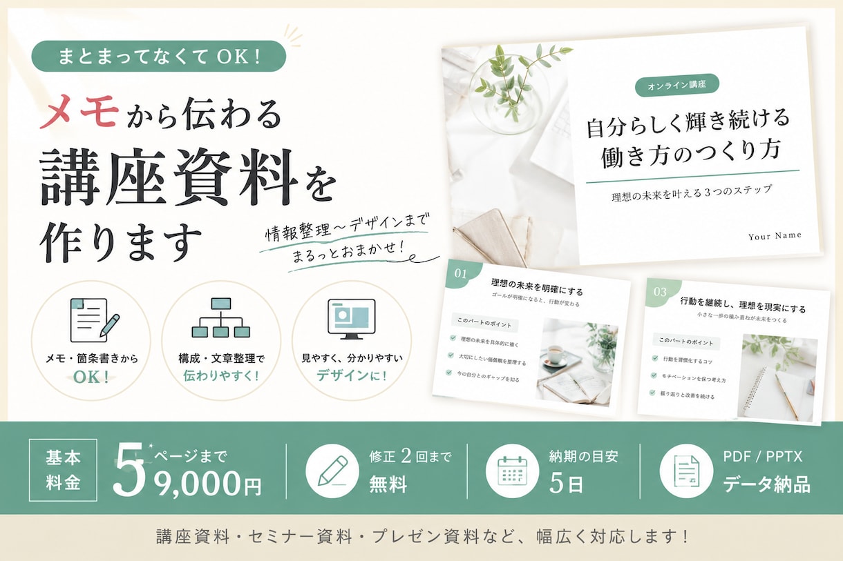 メモから伝わる講座・セミナー資料を作成します 原稿がまとまっていなくても構成整理から対応 イメージ1