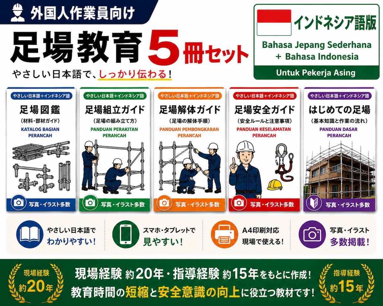 外国人向けの足場の教科書を販売します 現場経験20年作成 外国人向け足場教育5冊 インドネシア語版 イメージ1