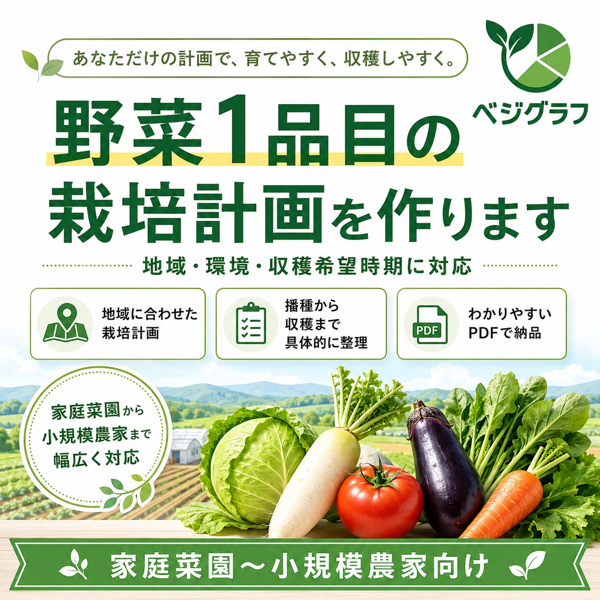 野菜1品目の栽培計画を作ります 地域と環境に合わせ播種から収穫まで具体化します イメージ1