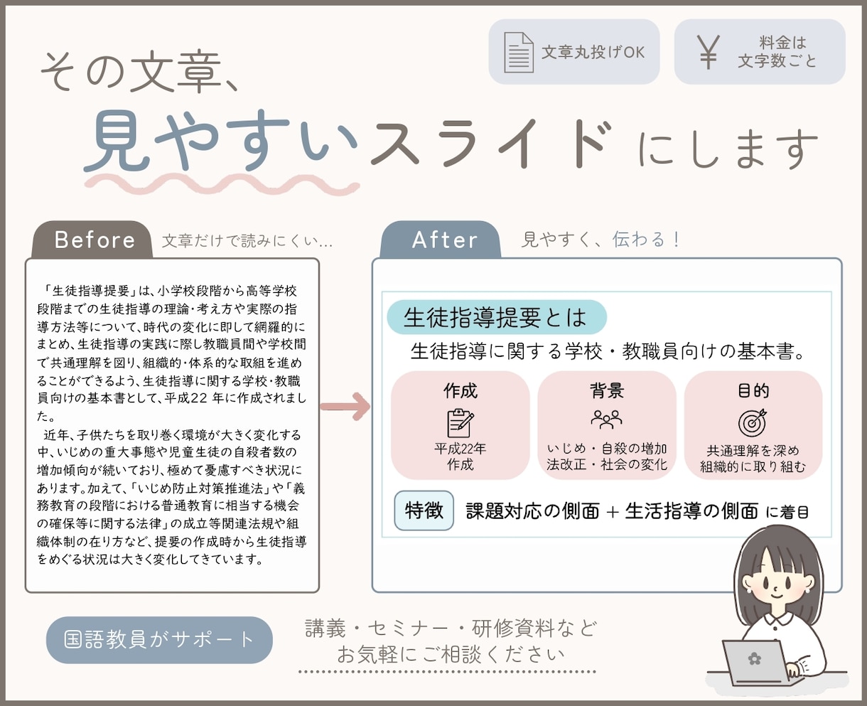 丸投げOK！文章から「伝わるスライド」を作成します 現役国語教員が要点整理＆デザイン。伝わる資料に整えます イメージ2