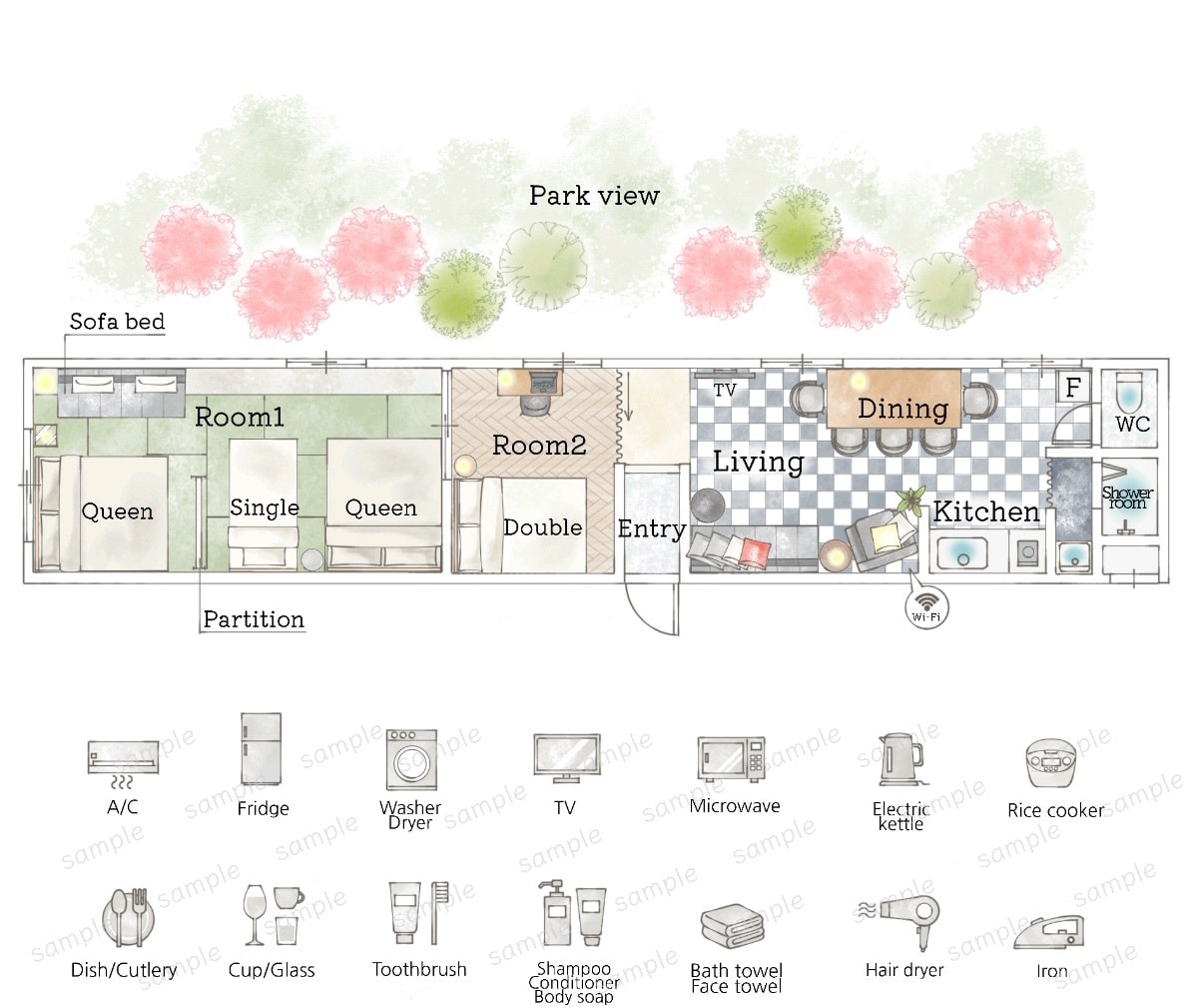 ふんわり美しい手描き風間取り図を作成します 戸建マンション店舗民泊などに。オリジナル家具や床材対応します イメージ3