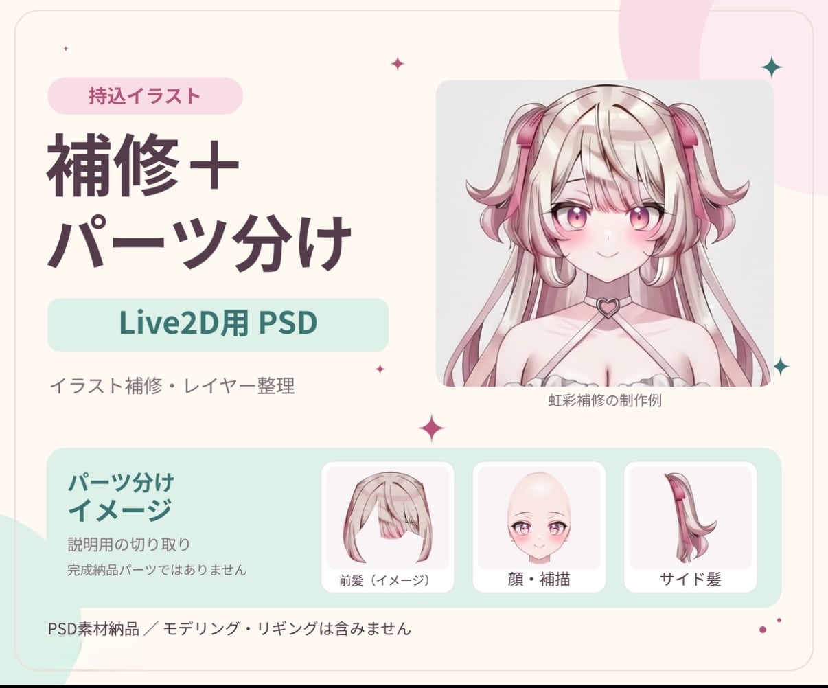 イラスト、持ち込みAI画像を補修・パーツ分けします 正面1枚の補修とPSD素材納品 イメージ1