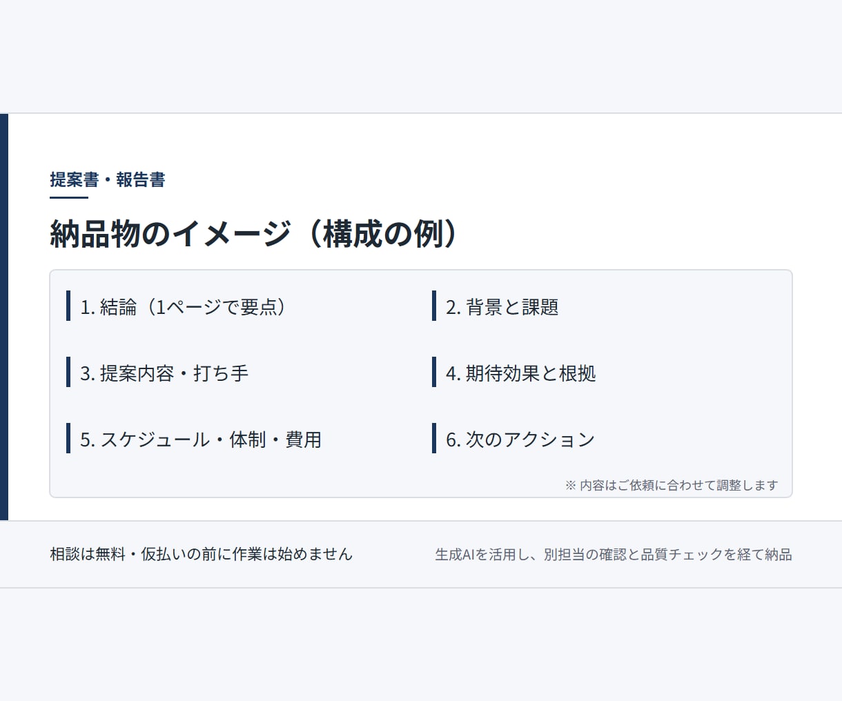 提案書・企画書・報告書を構成から作成します 目的と読み手に合わせ、伝わる構成で仕上げます イメージ2