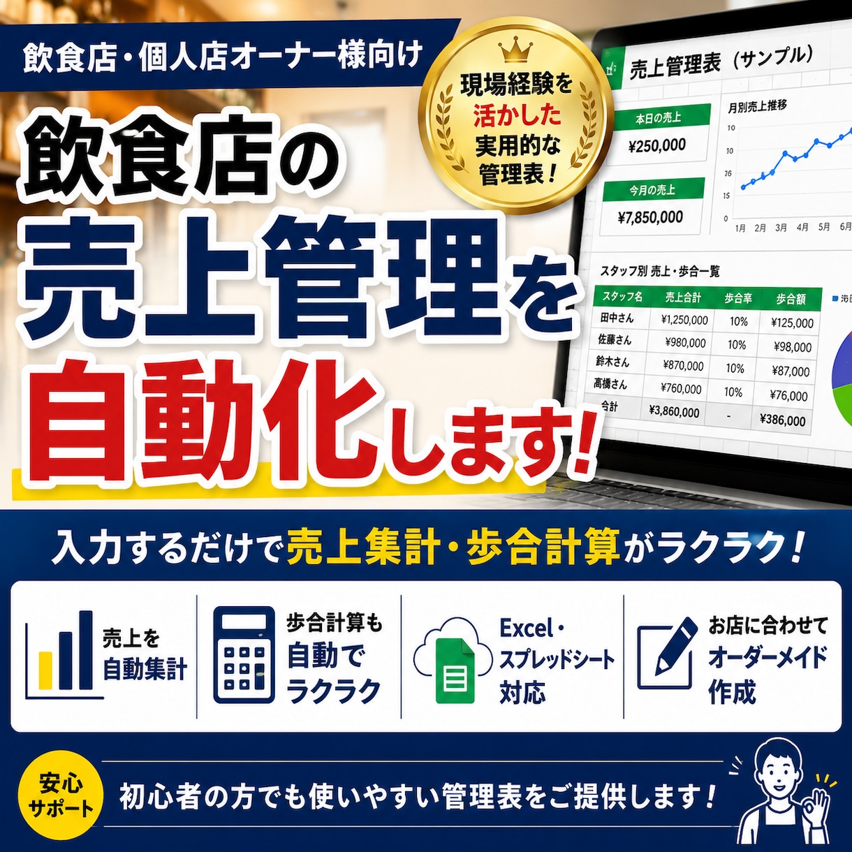 飲食店向け売上管理表を作成します 現場経験を活かした実用的な管理表です。入力するだけです！ イメージ1