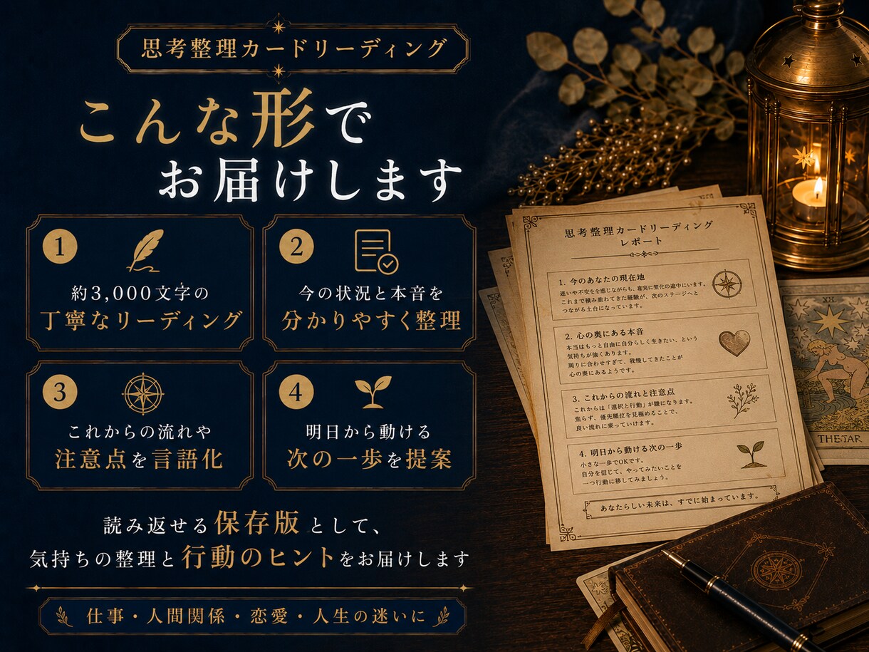 仕事人生の迷いをタロットで整理し次の一歩を導きます モヤモヤを言語化し、明日からの行動まで具体化します イメージ3