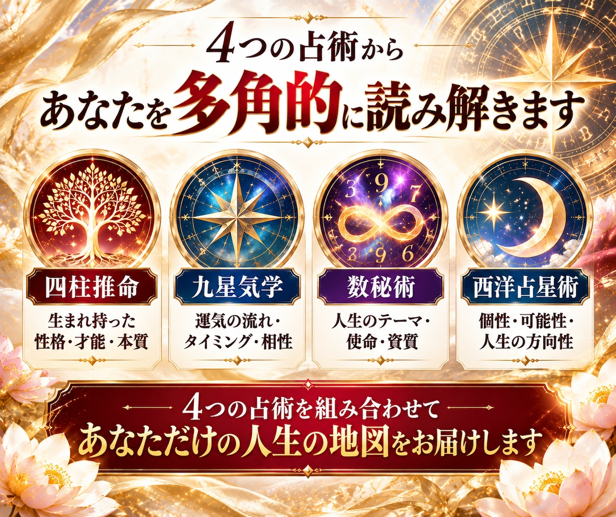 4つの占術であなたの可能性を読み解きます 四柱推命・九星気学・数秘術・西洋占星術で多角的に鑑定 イメージ2
