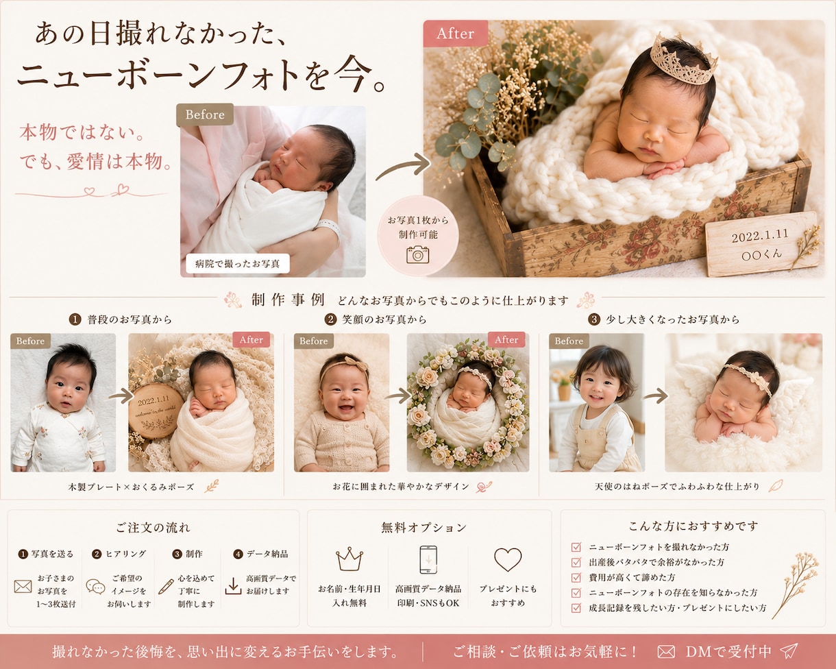 あの日撮れなかったニューボーンフォトを再現します 本物ではない。 でも、愛情は本物。 イメージ1