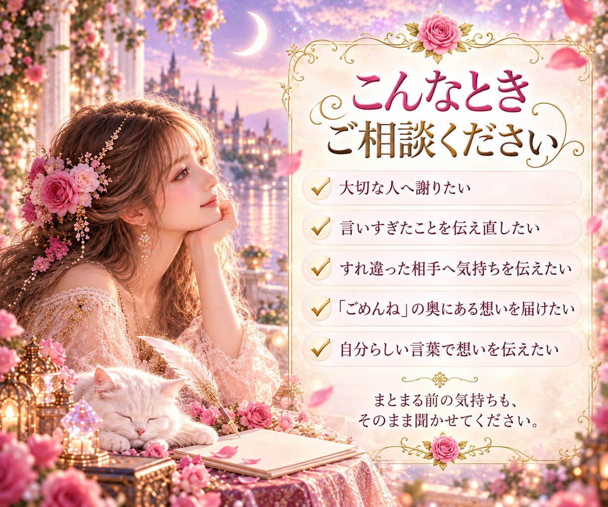 謝りたい気持ちを大切な人へ届く言葉に整えます 言えなかった想いを整理し、あなたらしい言葉へ丁寧に整えます イメージ4