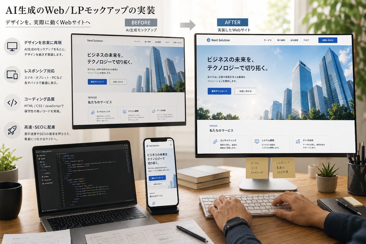 AIで作ったWEBサイト案を公開できる実装にします AI生成のLP/Webデザイン案を実装代行 イメージ1