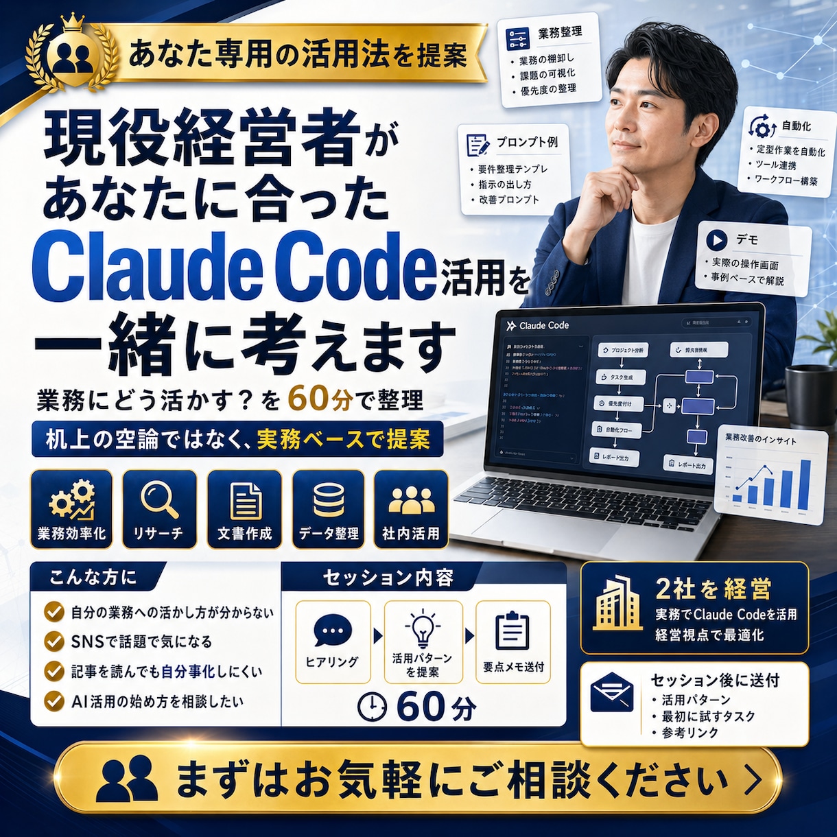 経営者がClaude Code活用を一緒に考えます Claude Codeの、自分の場合の使い方が分からない方へ イメージ1