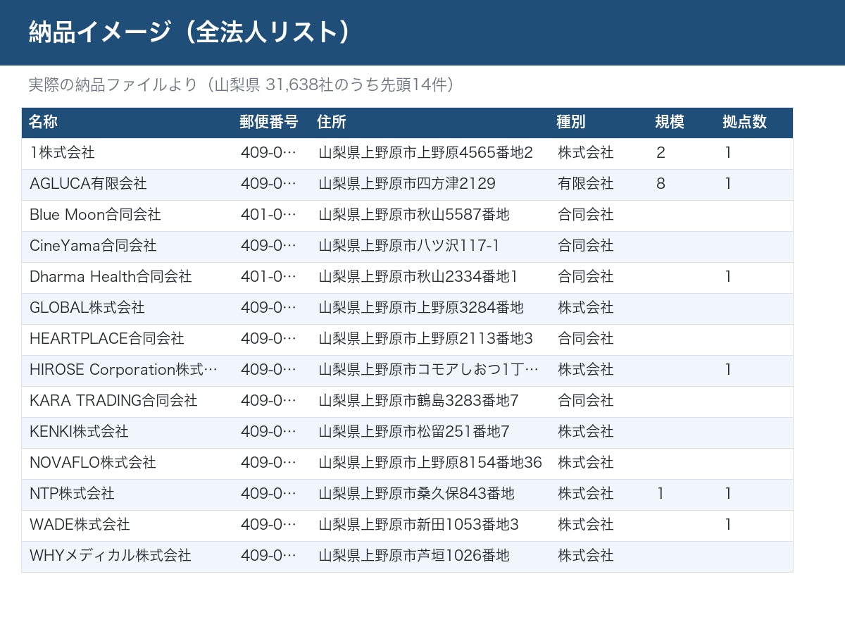 都道府県の全法人リストを提供します 国税庁の全法人505万社・従業員規模で絞れる・法人番号つき イメージ2
