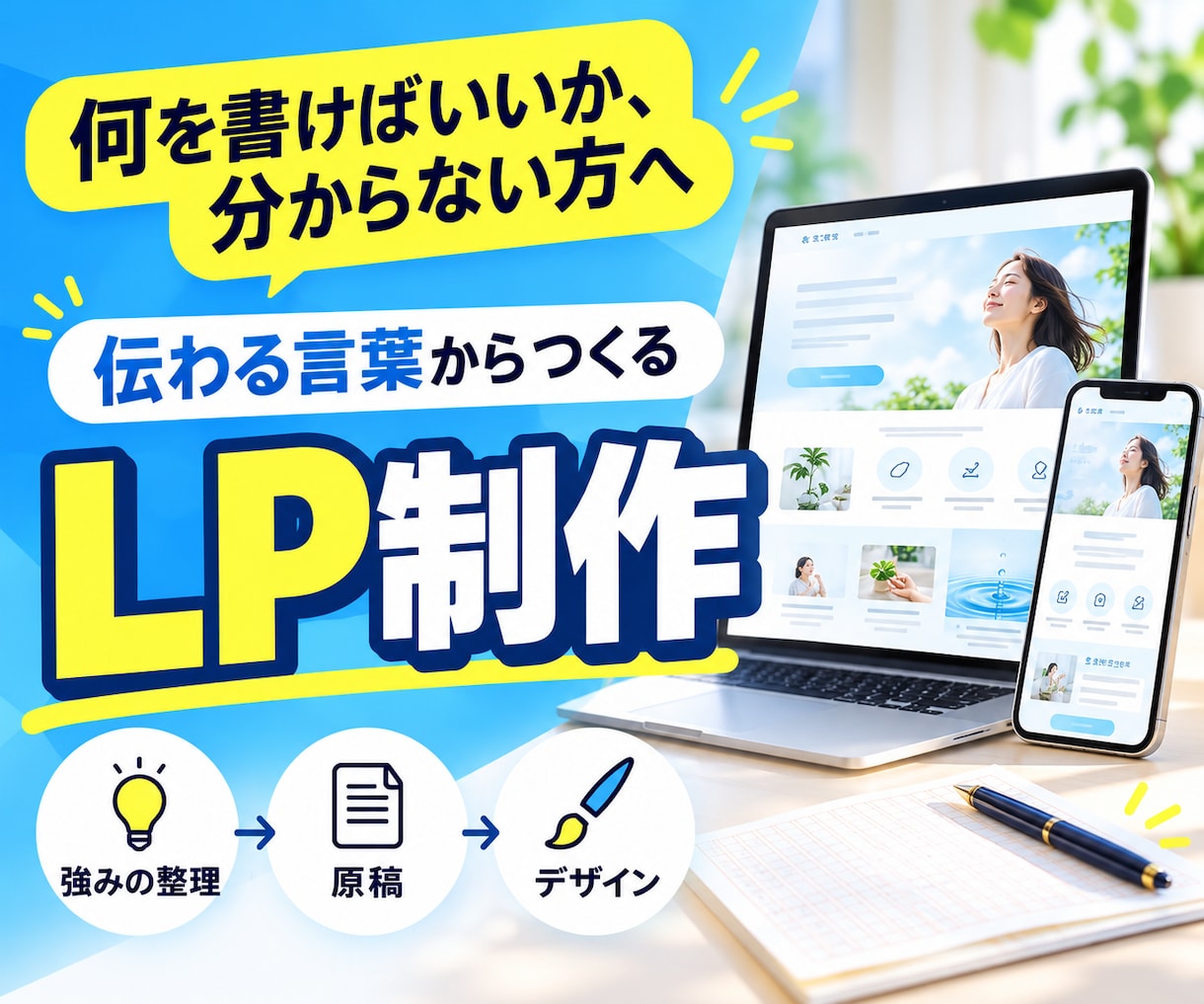 一言で惹きつける！売上に繋がるLPをつくります 強みの整理から原稿・デザインまで、丸投げでオッケー。 イメージ2
