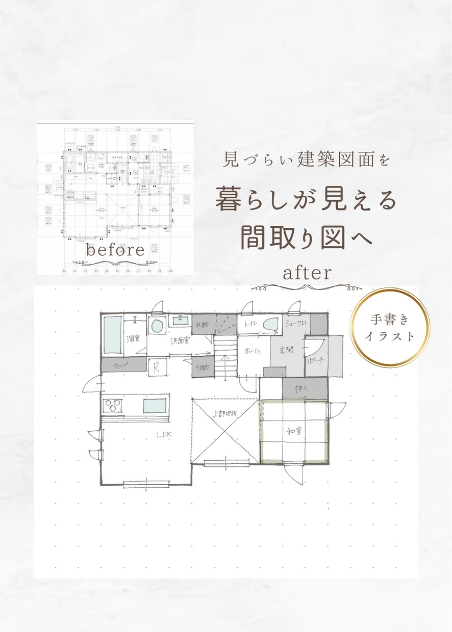 既存の間取り図をやさしい手書き図面に描き直します 女性目線のやさしいタッチで見やすく清書します イメージ1