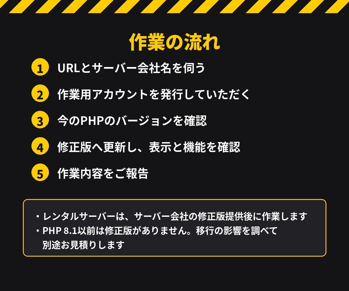 PHPの脆弱性対応をサーバーに合わせて行います 【IPA発表】修正版への更新と動作確認まで代わりに イメージ2