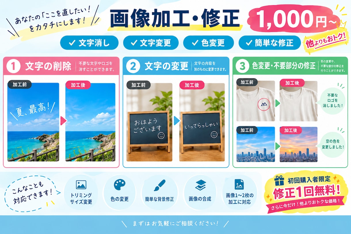 画像の文字消し・色変更・簡単な修正をします 「ここだけ直してほしい」に対応します！ イメージ1