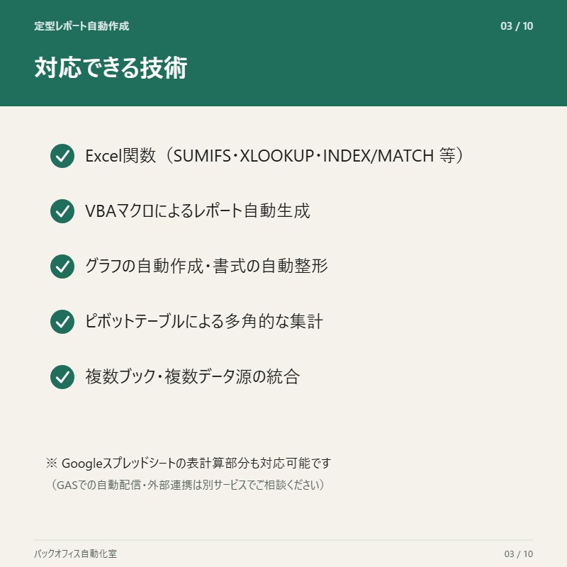 毎回のレポート作成、自動化します そのレポート作成、自動でできます。 イメージ3