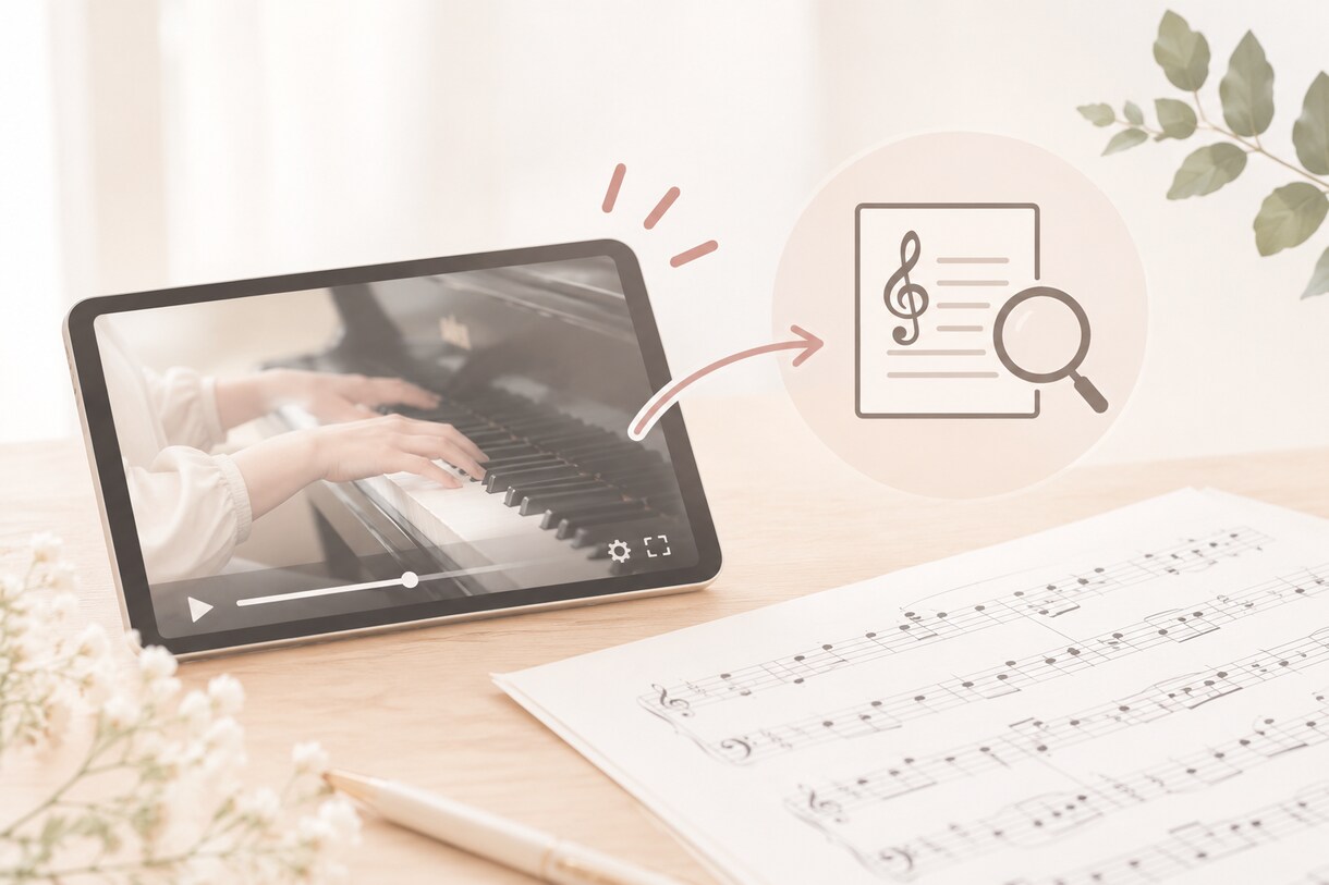 演奏動画を見て、楽譜の読み間違いをチェックします 演奏動画と楽譜から、楽譜の読み間違いがないか確認します イメージ1
