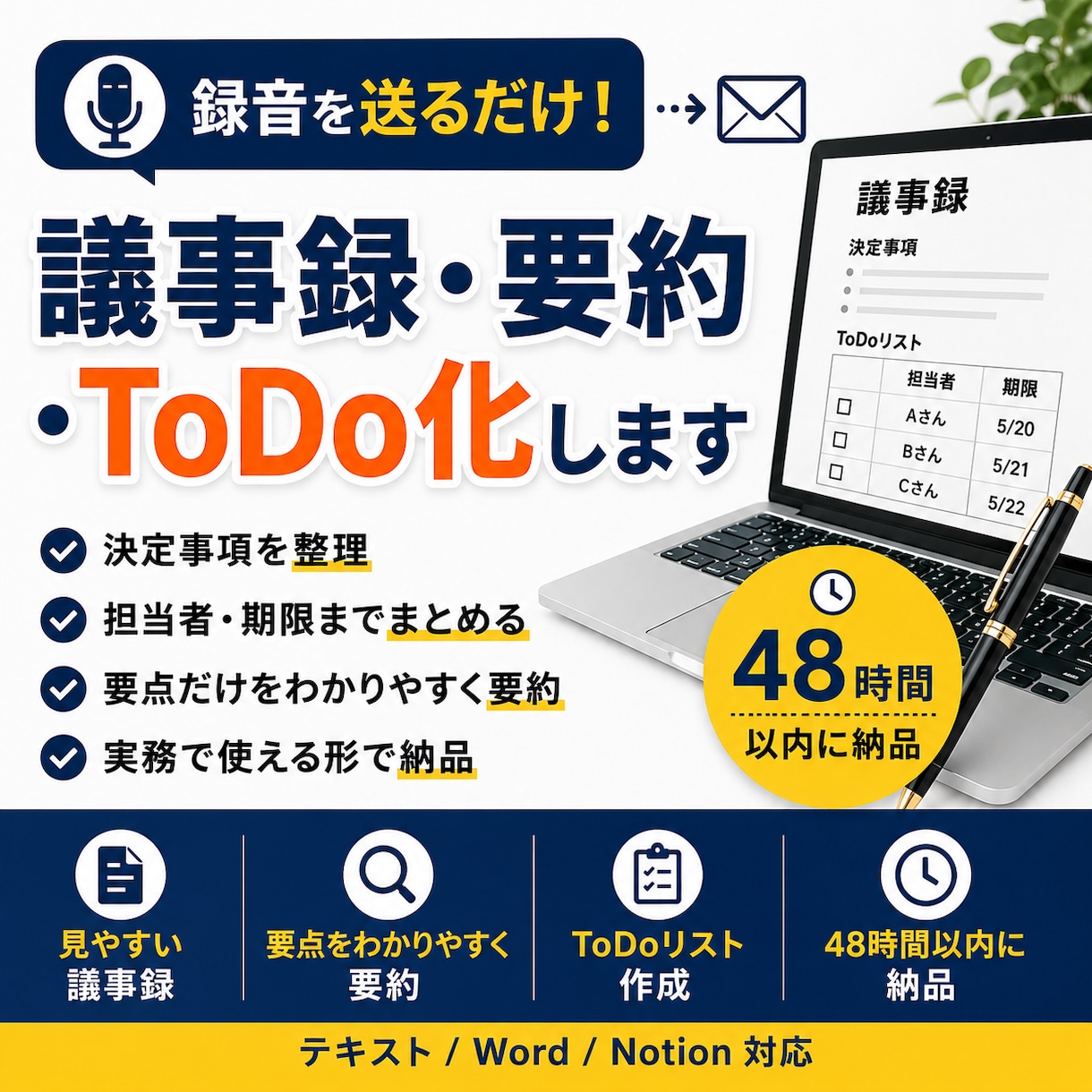録音を送るだけ。議事録・要約・ToDo化します 会議や打ち合わせ内容を見やすく整理します イメージ1