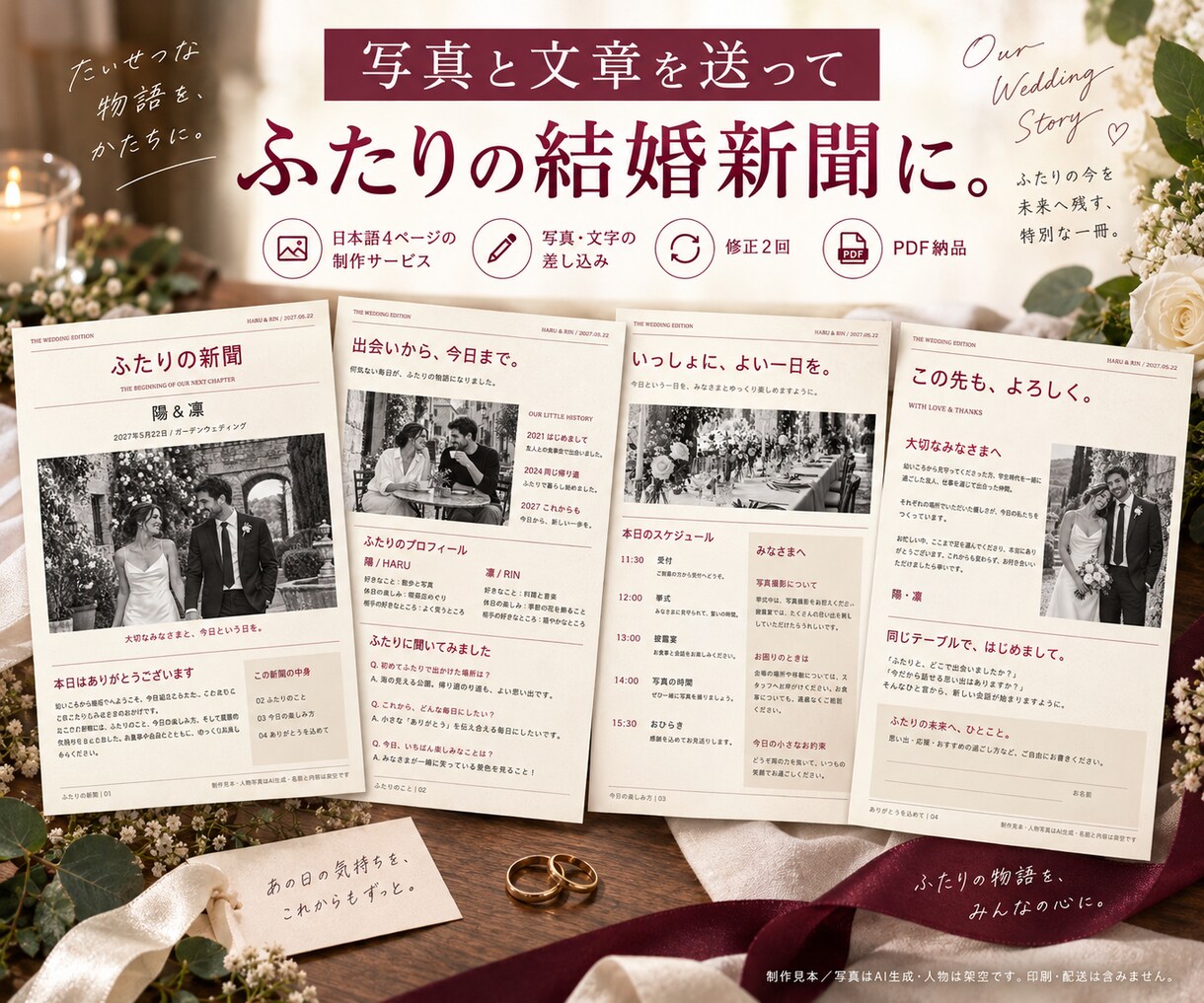 写真と文章で日本語の結婚新聞4ページを作ります 自作の手間を減らして、おふたりらしい一冊へ。PDF納品 イメージ1