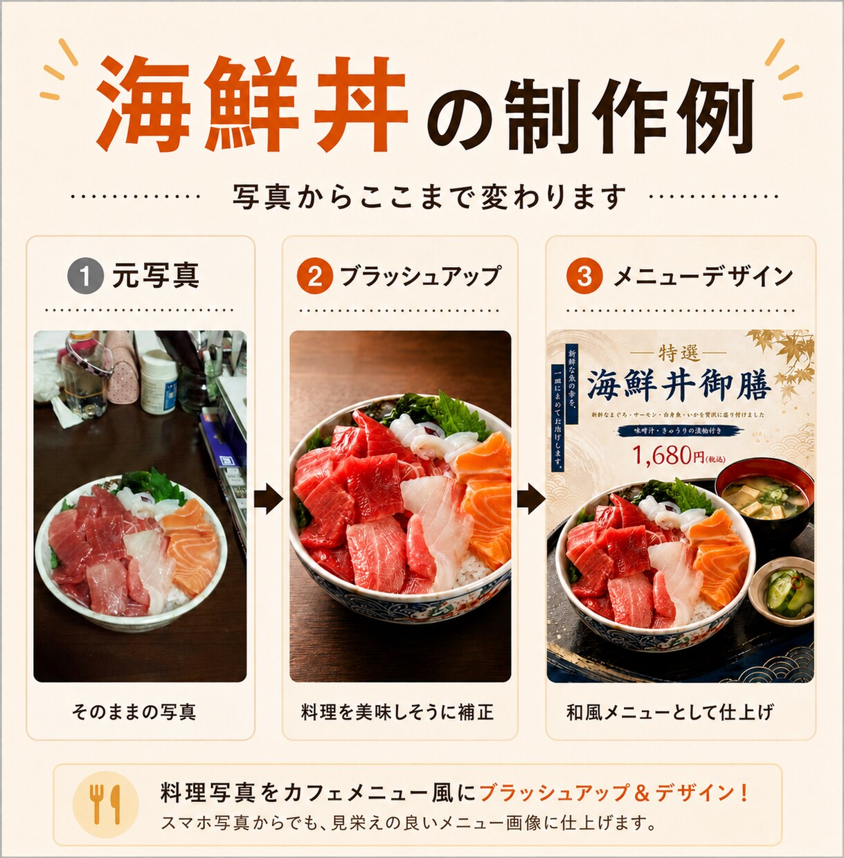 料理写真をカフェメニュー風に仕上げます 料理写真以外もＯＫ！写真補正から販促デザインまで対応します イメージ5