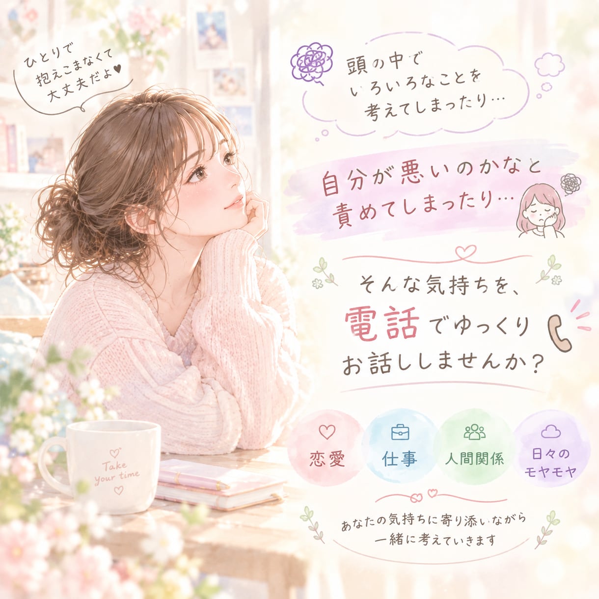 うまく話せなくても大丈夫｜お悩み相談聞きます まとまっていない気持ちも、否定せずに一緒に整理します イメージ2