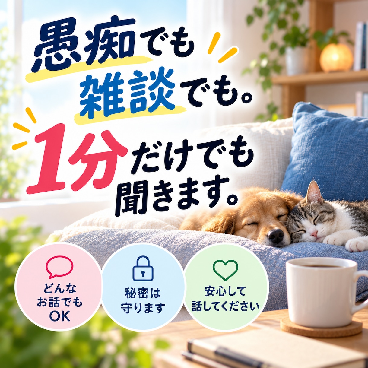 愚痴でも雑談でも。1分だけでも聞きます 1分だけでも。誰かに話すと少し楽になります イメージ2