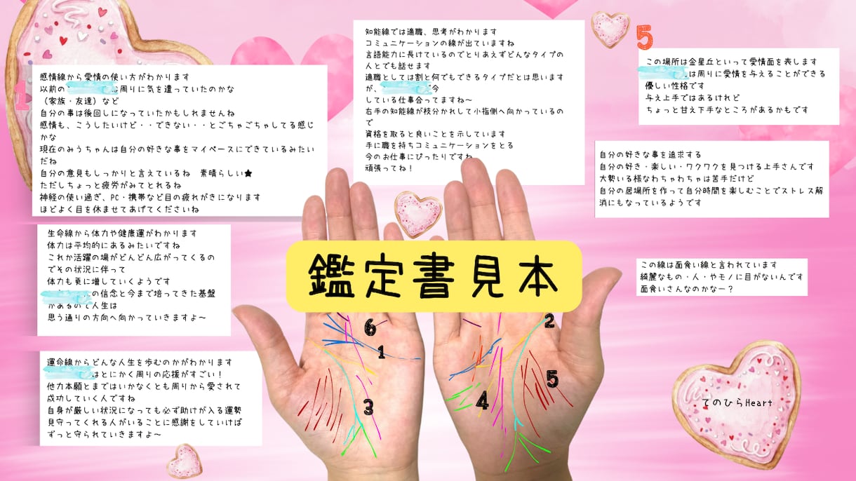 手のひらから恋愛、仕事、金運、オーラ見ます 基本4大線、補助線　手相フル鑑定になります イメージ2