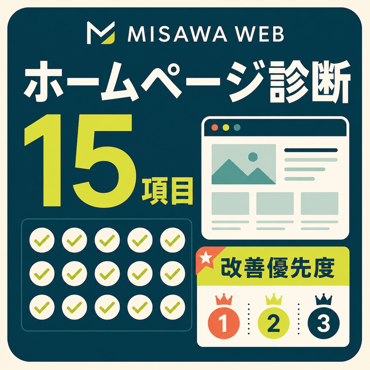 ホームページを15項目で診断して優先順位を示します 点数だけで終わらず、直す順番と必要素材まで明確に イメージ1