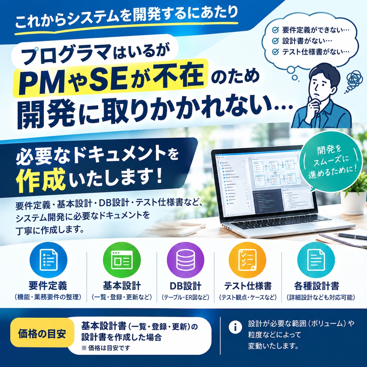 システム開発に必要な要件定義〜基本設計等作成します 要件定義、基本設計、テスト仕様書幅広く対応いたします。 イメージ1